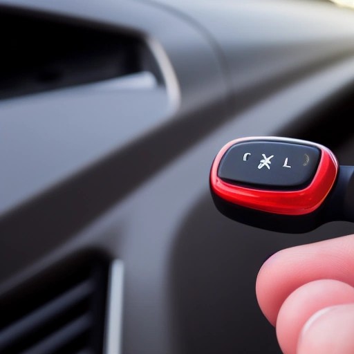 Holding a Dodge smart key fob close to the start-stop ignition button.