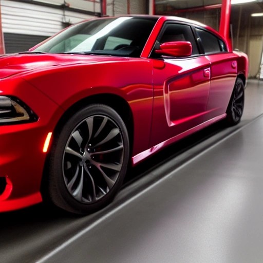Applying a professional ceramic paint coating to a red Dodge Charger.